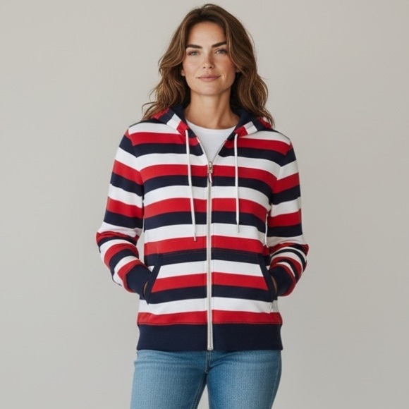 Tommy Hilfiger Tops - Tommy Hilfiger Red White Blue Stripe Zip Hoodie Classic Preppy Size Medium